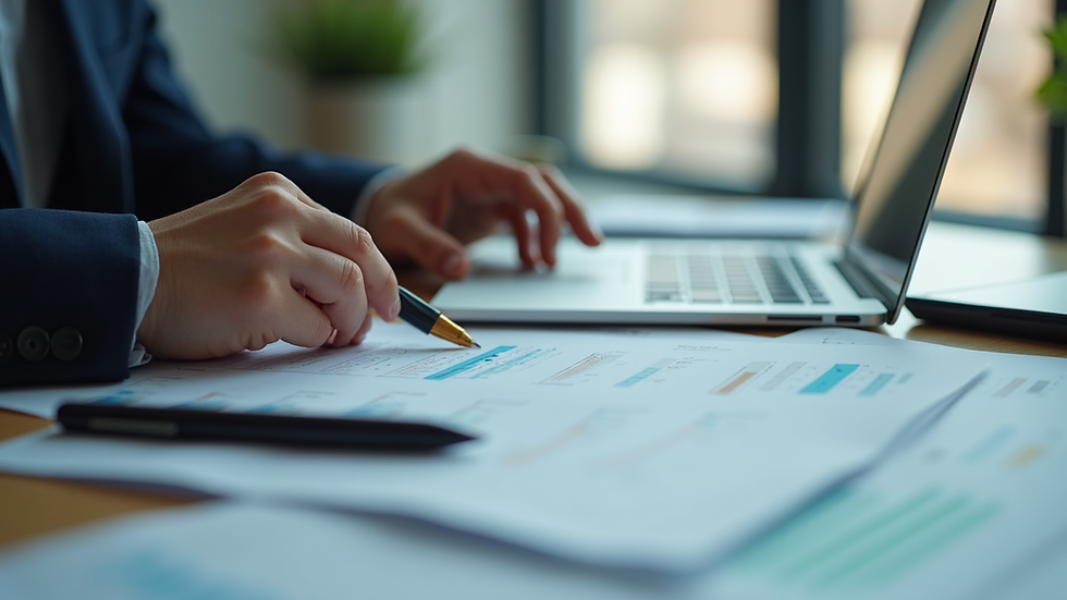Close-up view of a person reviewing financial documents with a laptop