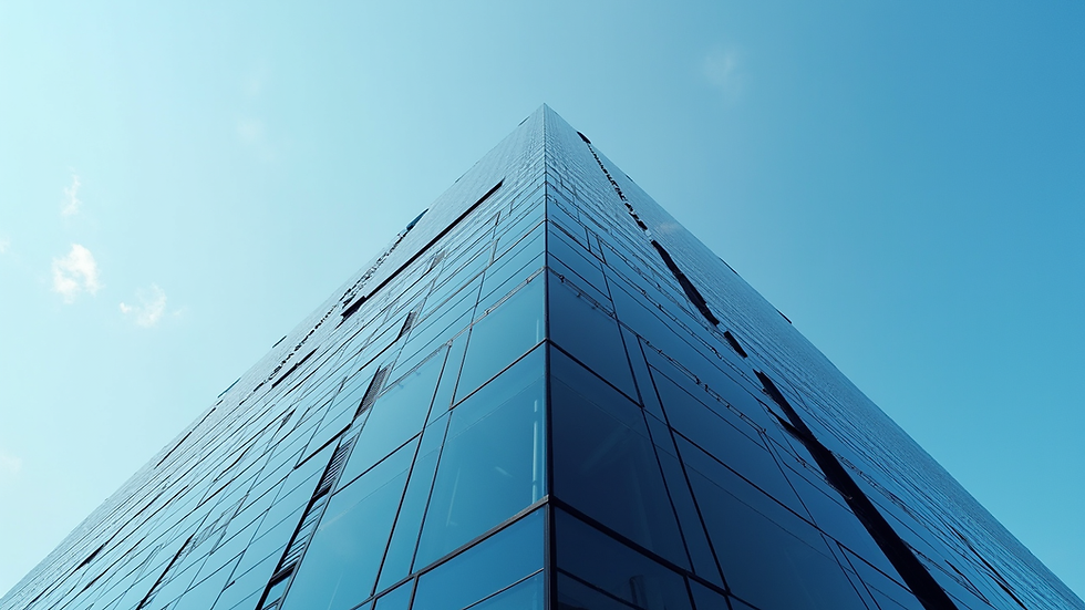 Eye-level view of a modern Dallas office building with clear blue sky