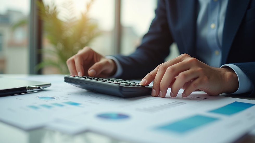 Close-up view of a person reviewing financial documents with a calculator