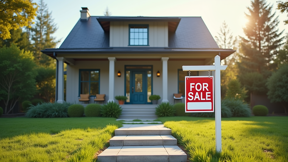 Wide angle view of a modern house with a "For Sale" sign in front