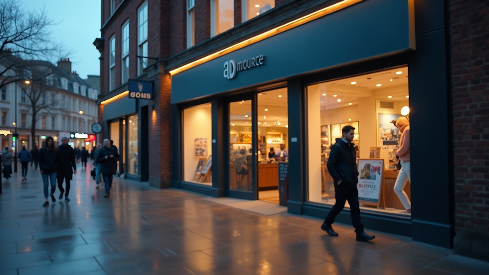 Eye-level view of a UK business storefront with a clear brand logo