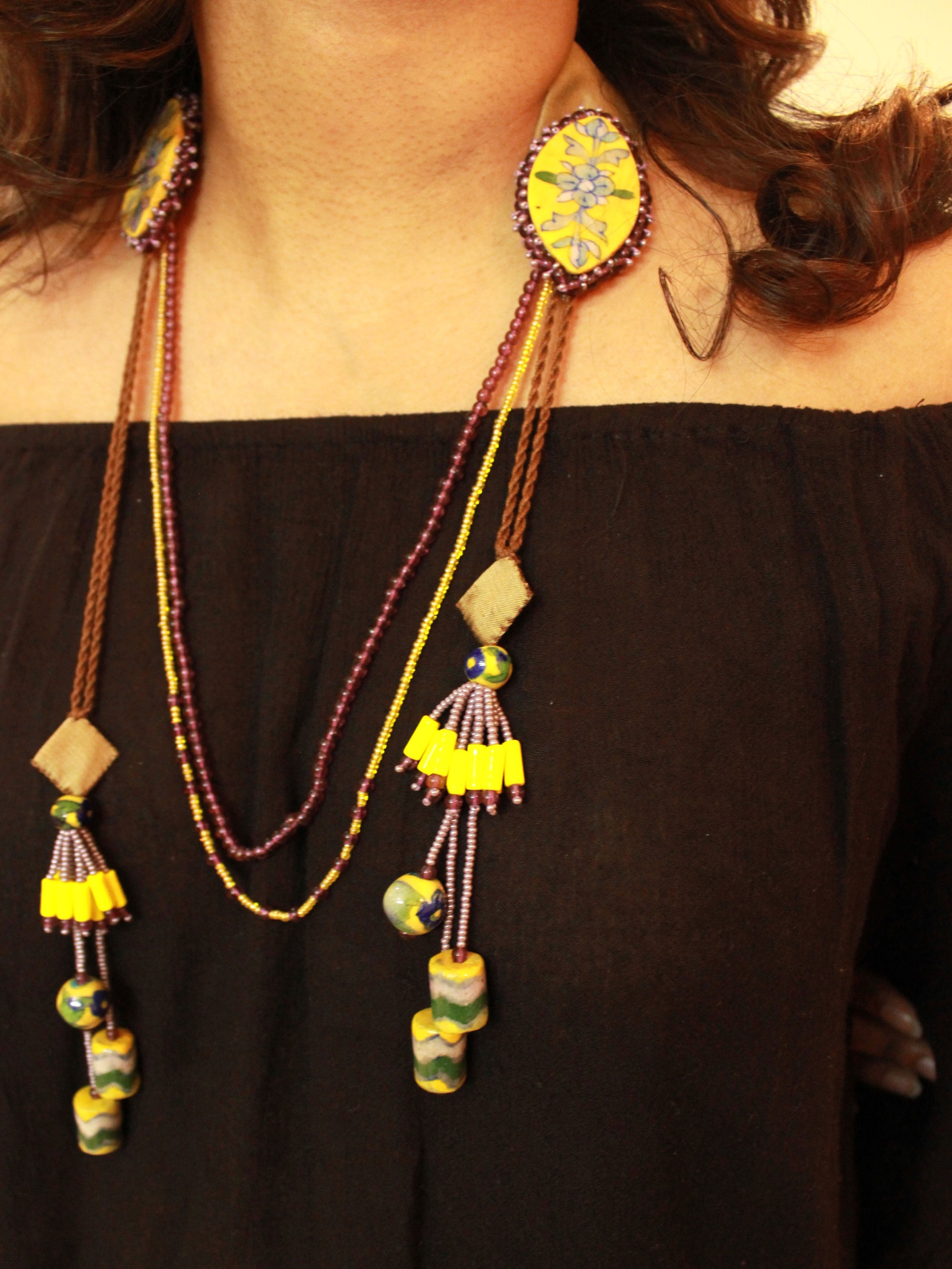 Fabric strap Necklace (tassel) - Beige & Yellow