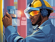 african Oil and gas worker using an augmented reality (AR) headset to inspect equipment, w