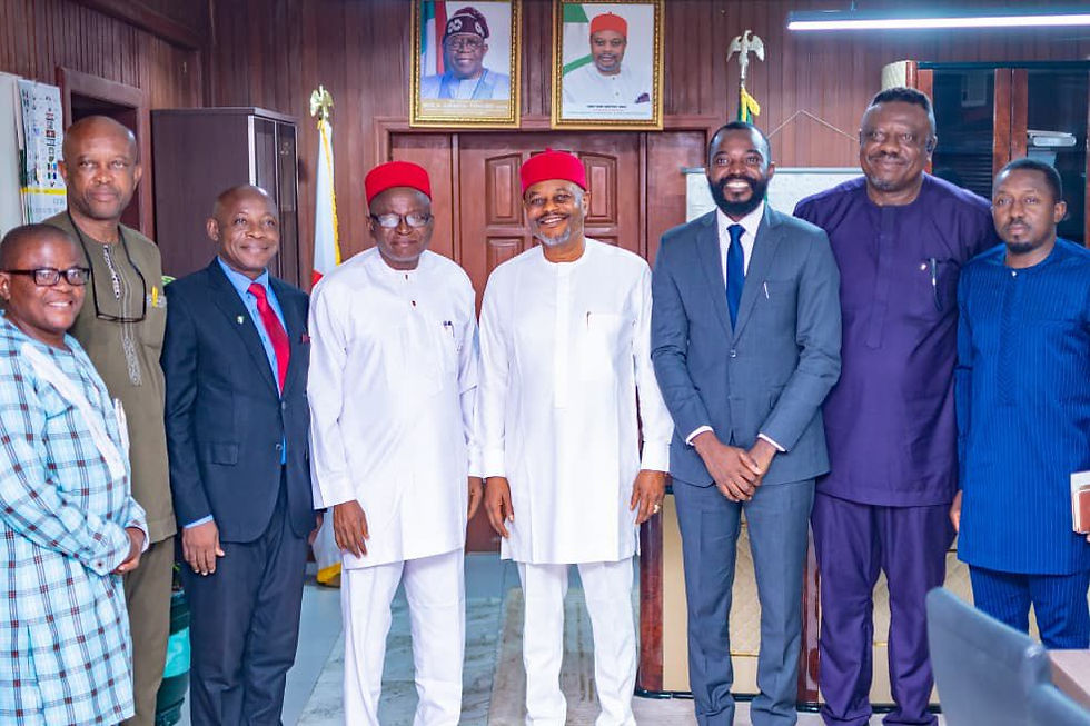 L-R: Secretary, STICOMMS, Mr. Bonny Alaneme; Chairman, Publicity Subcommittee, STICOMMS, Prince Obioha Atulomah; Member, LOC STICOMMS, Mr. Augustine Akubor; President, AUST, Prof. Azikiwe Peter Onwualu; Minister of Innovation, Science and Technology, Chief Uche Nnaji; Chairman, STICOMMS, Dr. Bosco Okolo-Obi; Special Adviser to the Minister, Dr. Robert Ngwu; and Member, STICOMMS, Mr. Kingsley Madu, in a group photograph shortly after the courtesy visit in Abuja.