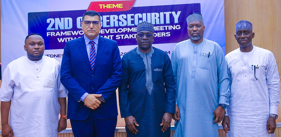 L–R: President, International Youth Parliament, Hon. Promise Digos; Chief Executive Officer, Megamore Wireless Limited, Mr. Amin Dayekh; Executive Commissioner, Technical Services, Nigerian Communications Commission (NCC), Mr. Abraham Oshadami; Head, Cybersecurity and Internet Governance Department, NCC, Mr. Babagana Digima; and Chief Executive Officer, Cybernover, Dr. Kazeem Durodoye, at the 2nd Cybersecurity Stakeholder Workshop hosted by the Nigerian Communications Commission in Abuja on Wednesday, 27th August 2025.