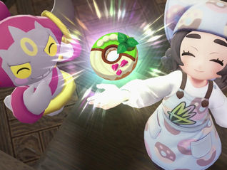 The little girl Ansha from Pokemon Legends Z-A presents a green and white iced ring donut garnished with edible leaves and petals.