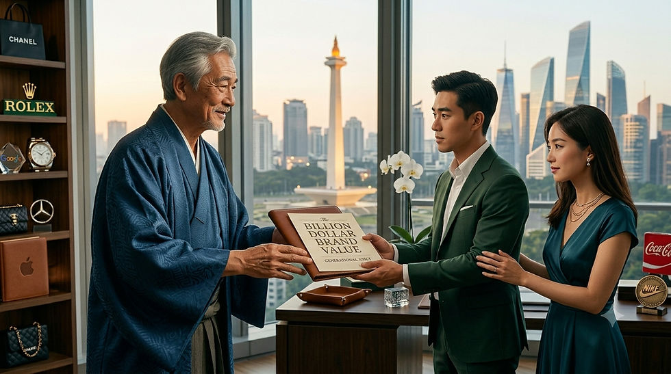 An elder passes a book, "The Billion Dollar Brand Value," to the next generation in a Jakarta high-rise — brand as a generational asset.