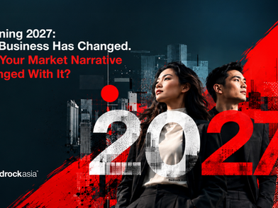Visual Bedrock Asia Planning 2027 tentang market narrative, restrukturisasi perusahaan, persepsi investor, customer trust, dan transformasi brand di Indonesia.