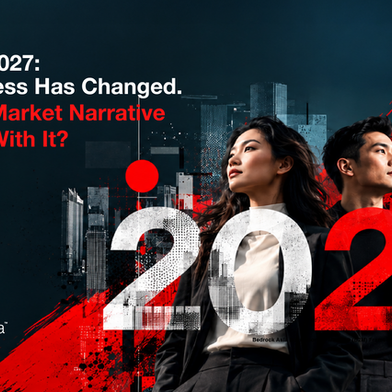 Bedrock Asia Planning 2027 graphic on market narrative, corporate restructuring, investor perception, customer trust and business transformation in Indonesia.