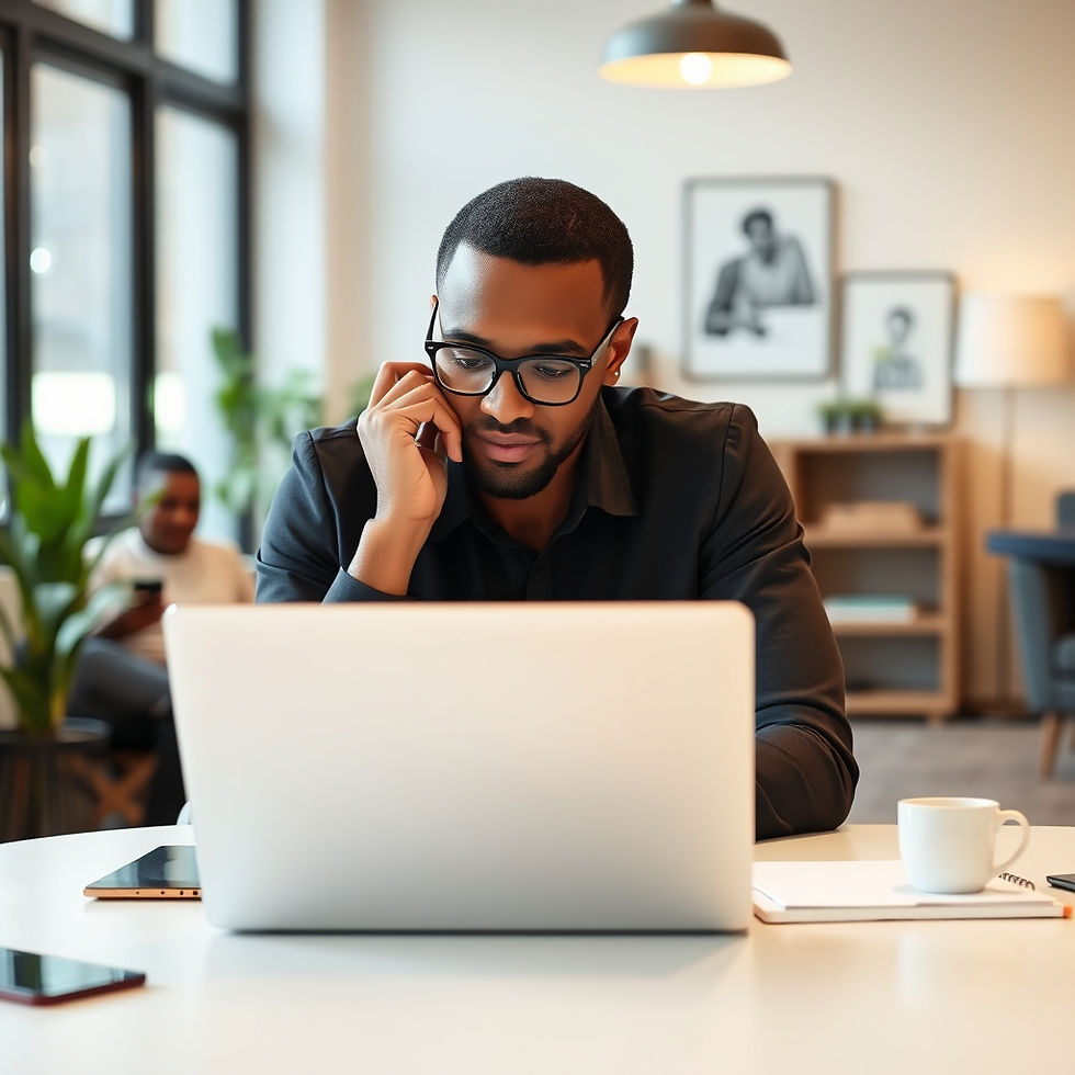 A man thinking, at a desk in front of a laptop