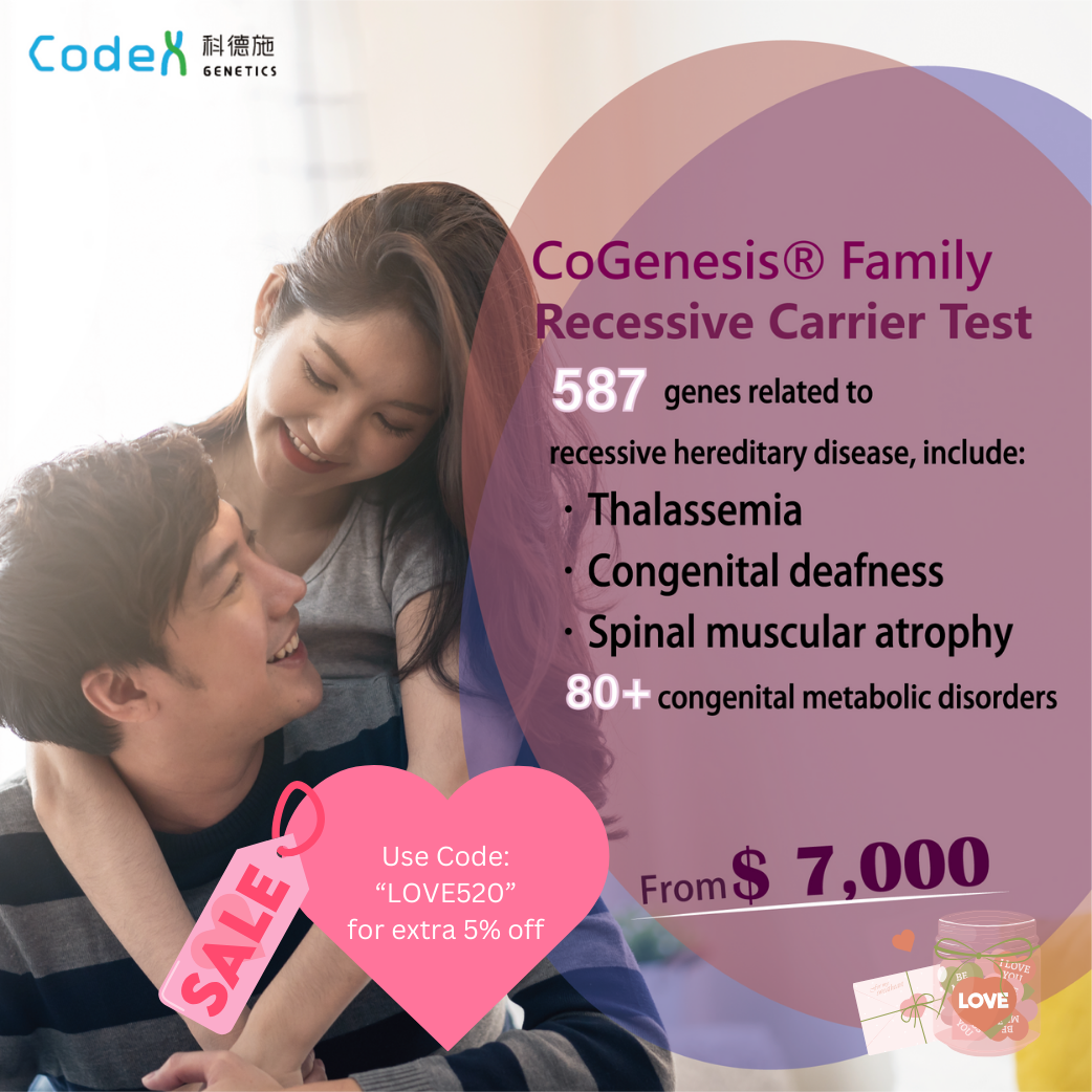 The CoGenesis® Family carrier screening test includes 587 genes related to more common pan-ethnic recessive genetic diseases, such as alpha thalassemia, congenital deafness, spinal muscular atrophy, and various severe syndromes, which are the most common among Chinese. It also includes 80+ treatable congenital metabolic defects that can benefit from early pregnancy and newborn planning.