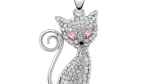Rhinestone Cat Pendant, Pink-Eyed