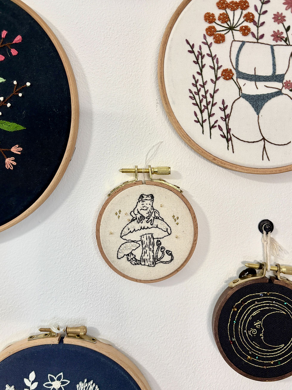 Thumbnail: Frog and toadstool embroidered art hoop