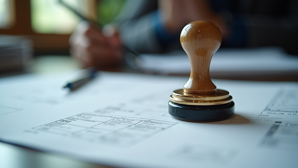 Eye-level view of official documents on a desk with a stamp