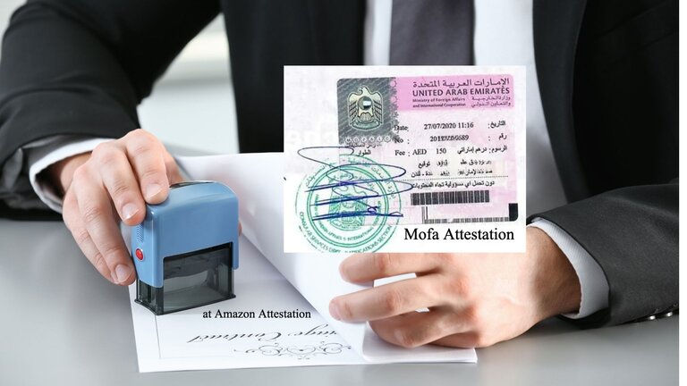 A person stamps a document with a blue stamp on a desk. mofa attestation in dubai