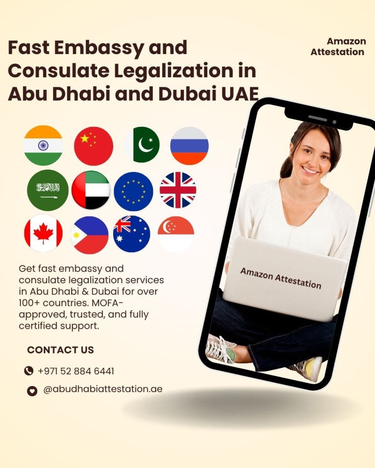 Amazon Attestation ad shows flags, contact info, and a smiling woman holding a laptop. Promotes UAE legalization services for 100+ countries.