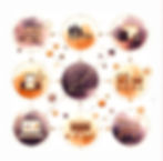 Illustration of interconnected circles with charts, retail stores, shoppers, product assortment, trend graphs.