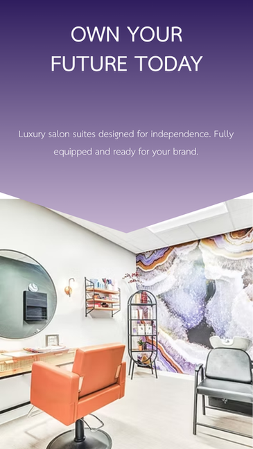 **First Image:** Black and white abstract design with circular elements.
**Second Image:** Modern salon interior with colorful wall art.