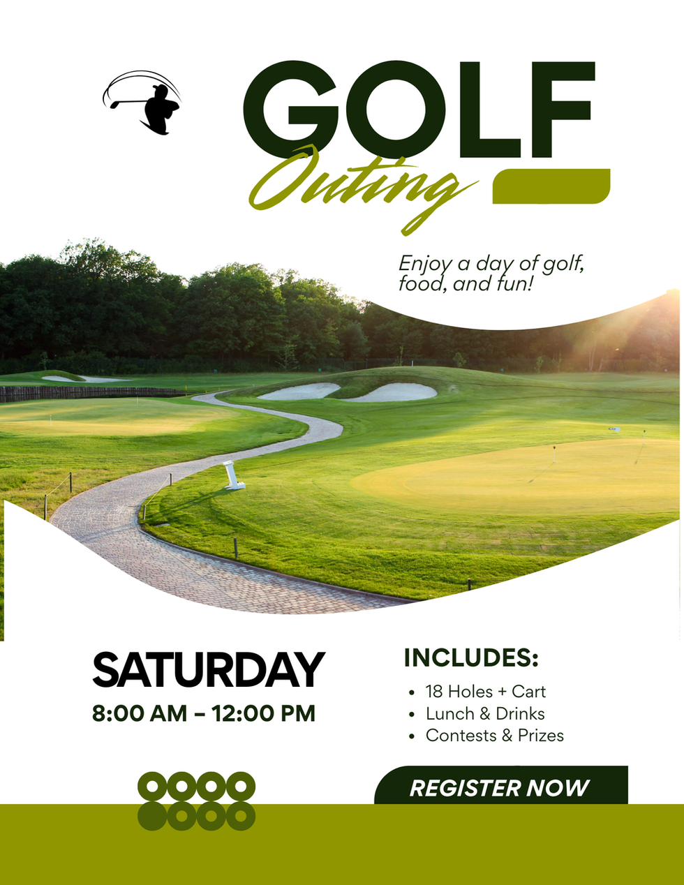 **Image 1**: Black and white abstract design.
**Image 2**: Golf outing event poster with course image.