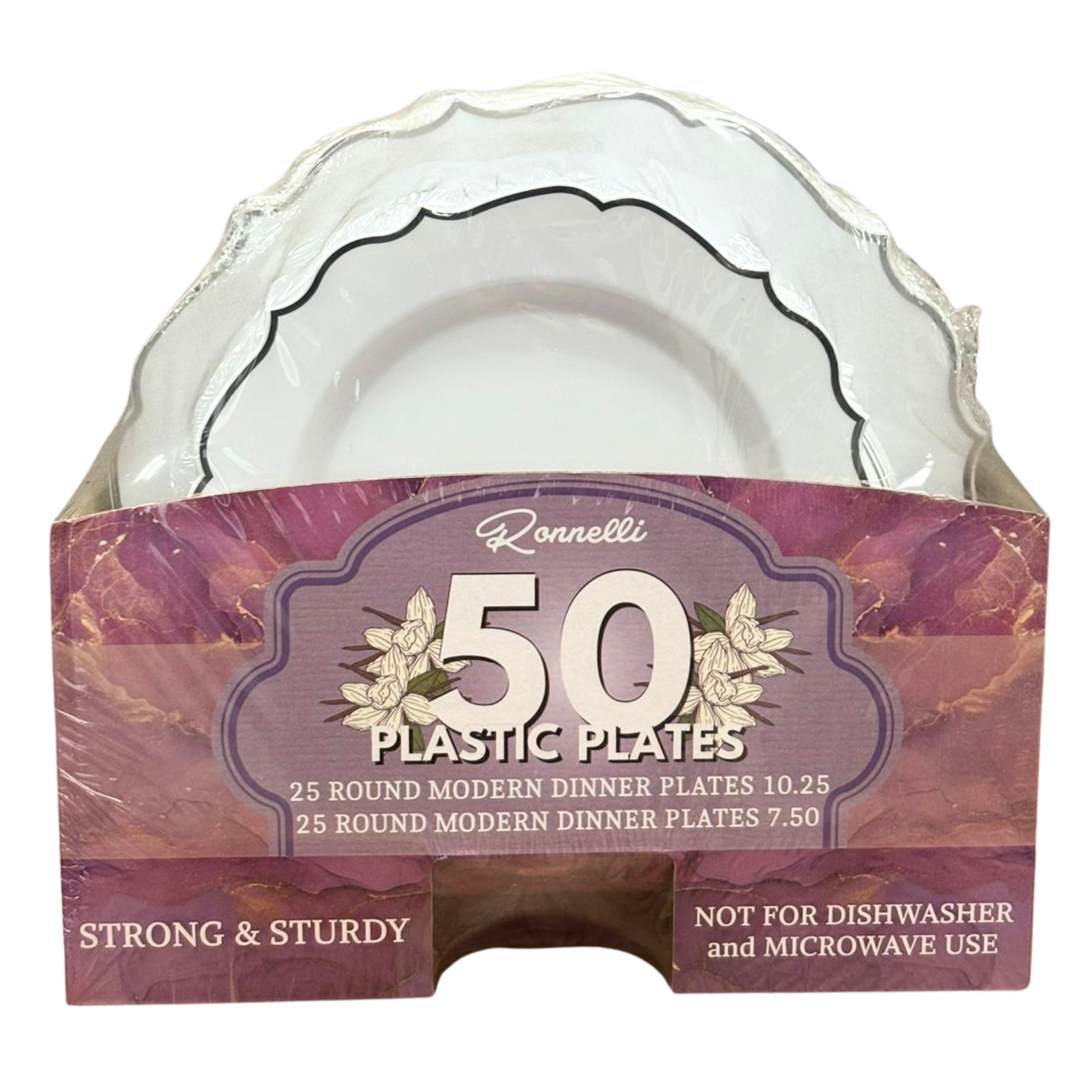 50Pcs Round Modern Trimmed Edge Plastic Plates (white+silver))