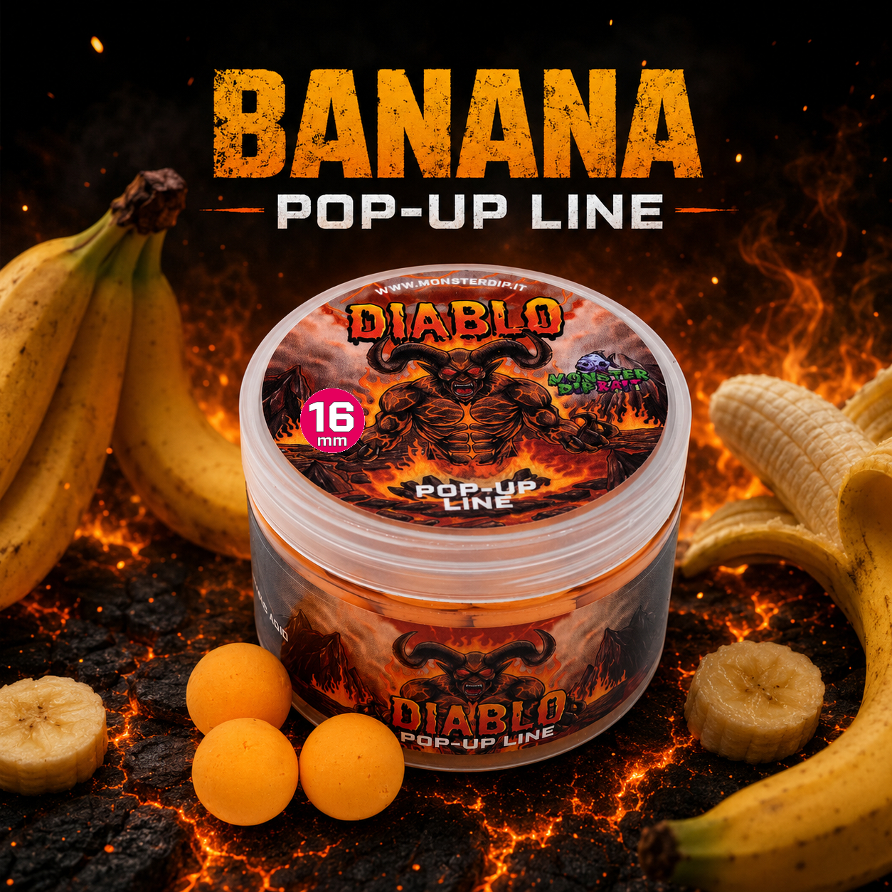 Barattolo Diablo Pop-Up Banana con boilies arancioni e fiamme