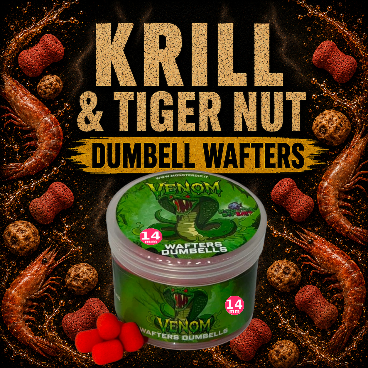 Confezione di Wafters Dumbell Krill & Tiger Nut per carpfishing.