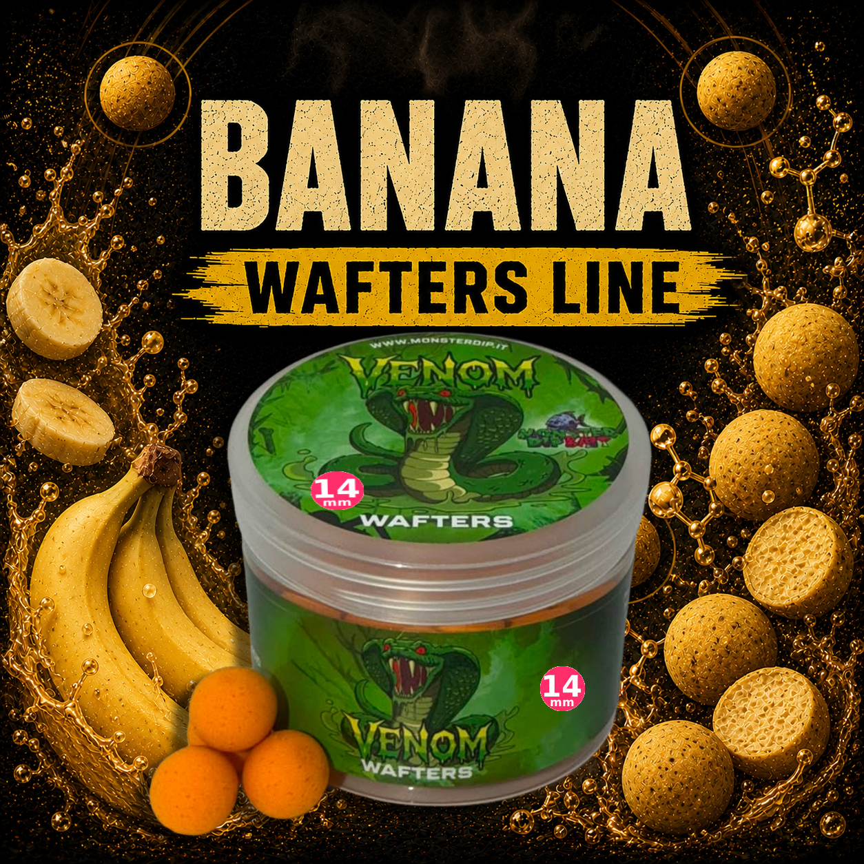 Barattolo Venom Wafters Banana con esche e banane fresche.