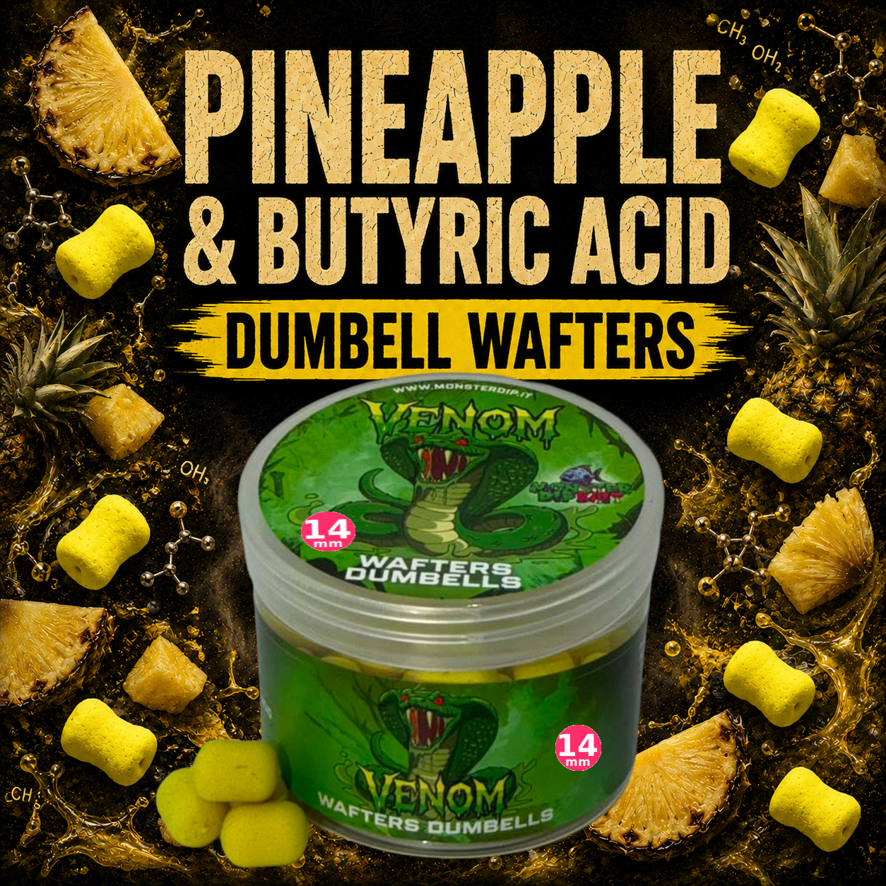 Barattolo di Wafters Dumbell Pineapple & Butyric Acid con esche gialle e pezzi di ananas.