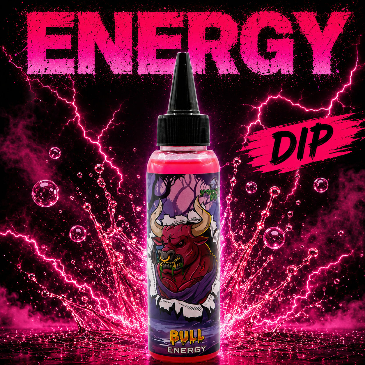 Flacone Bull Dip Energy tra fulmini e schizzi d'acqua.