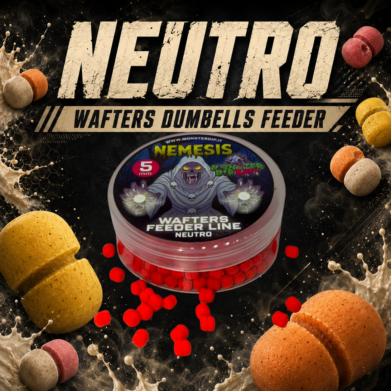 Barattolo di Wafters Dumbell Feeder Neutro Nemesis con esche.