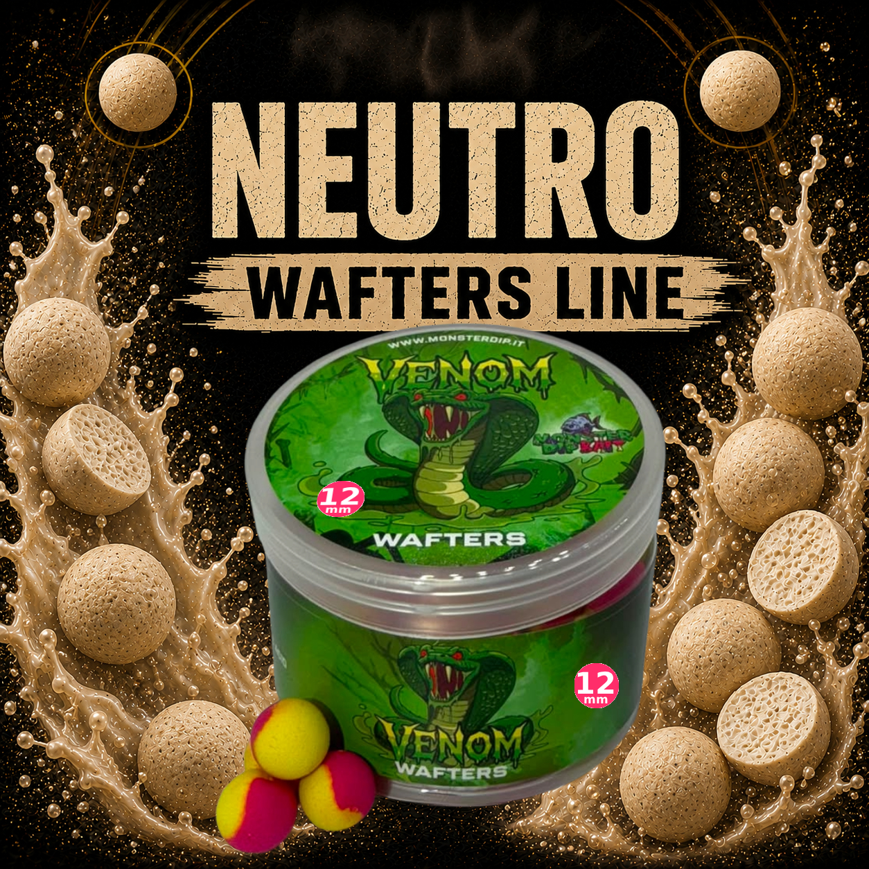 Barattolo Venom Wafters Line Neutro con boilies chiare.