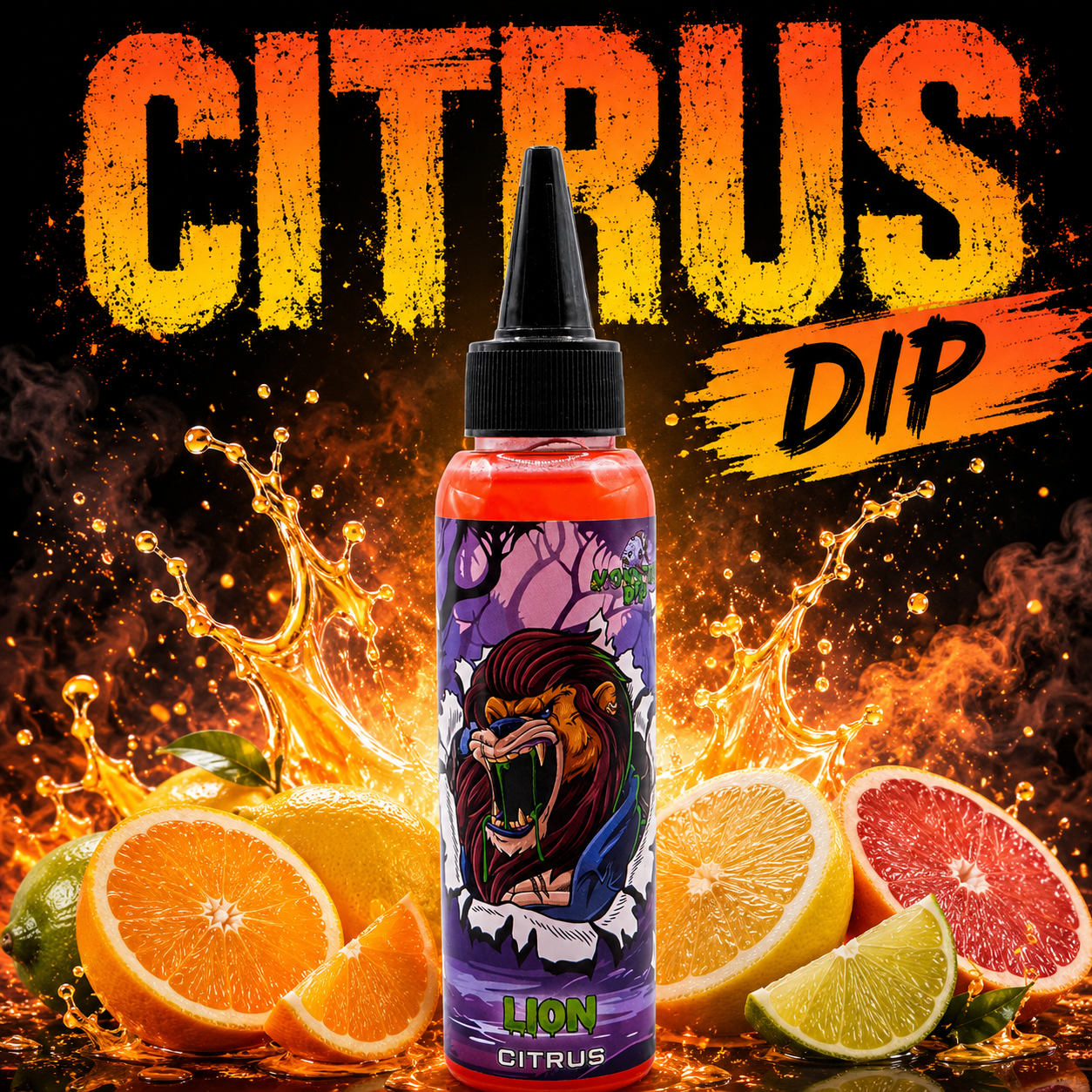 Flacone Lion Dip Citrus con logo leone e agrumi freschi.
