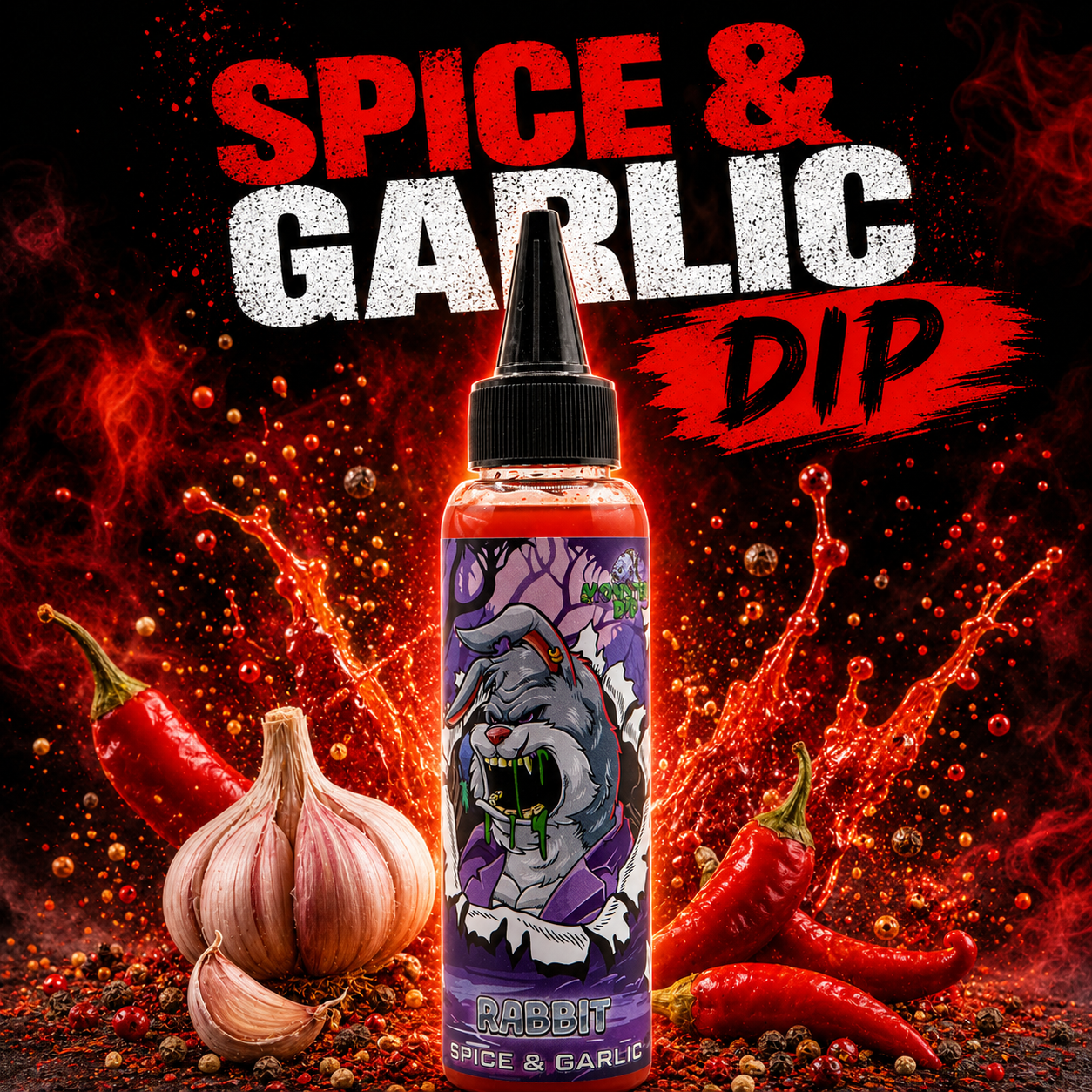 Flacone di Rabbit Dip Spice & Garlic con peperoncini ed aglio.