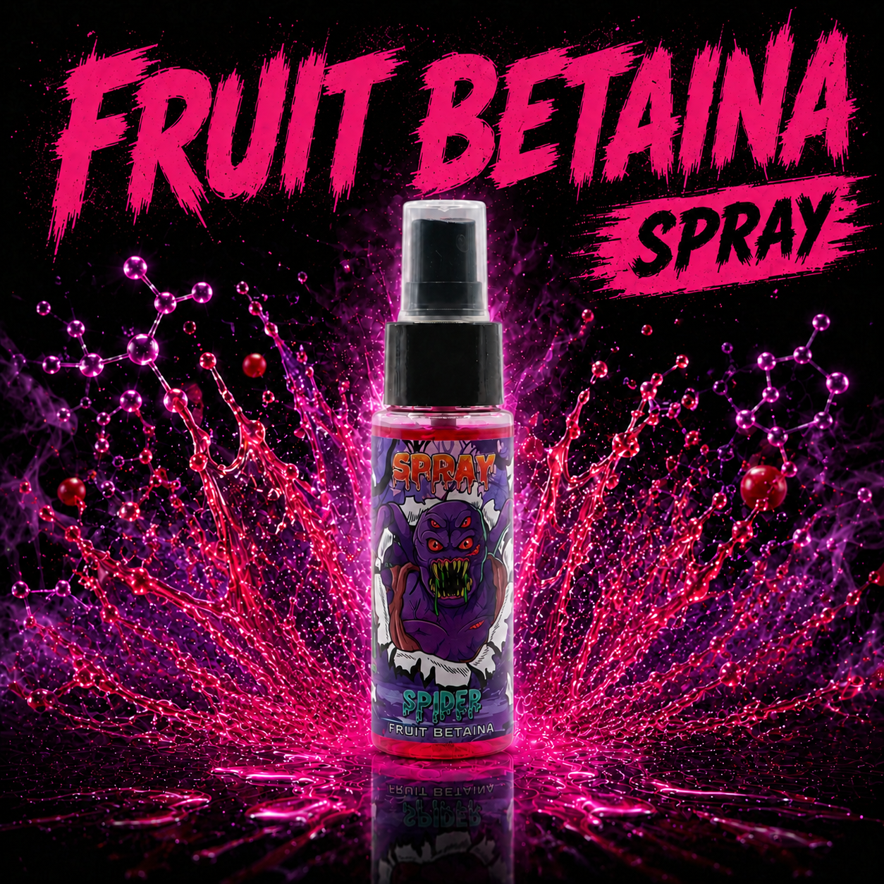 Flacone di Spider Spray Fruit Betaina con schizzi rosa