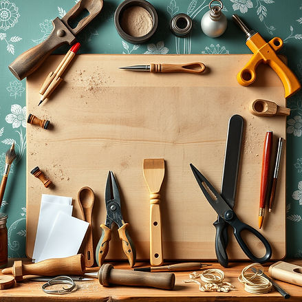 A board with several randomly distributed woodworking tools and stationery for a wallpaper