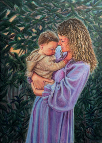 olieverfschilderij 60x80 2025 Vouw met kind in ochtendlicht.