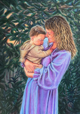 olieverfschilderij 60x80 2025. Vrouw met kind in ochtendlicht.