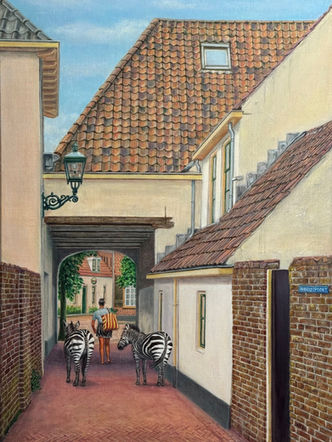 Paradijspoort (Harderwijk) olieverfschilderij 60x80 2025 . Eva met zebra's. 