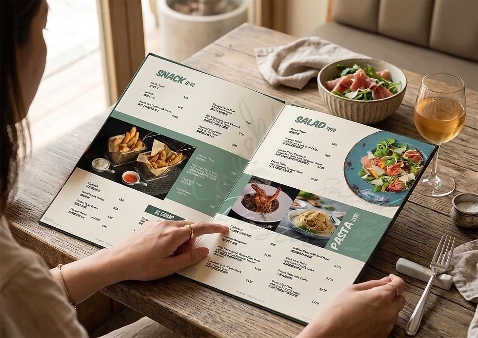 A person holding a professionally designed restaurant menu for Oyster to Go, showcasing clean layout and strategic branding on a wooden table.