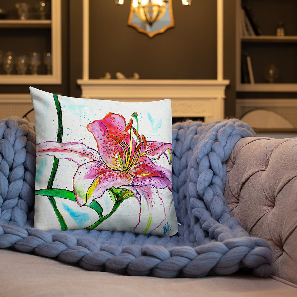 Thumbnail: Pink Lily Water-colour Painting by B'lu | Premium Pillow