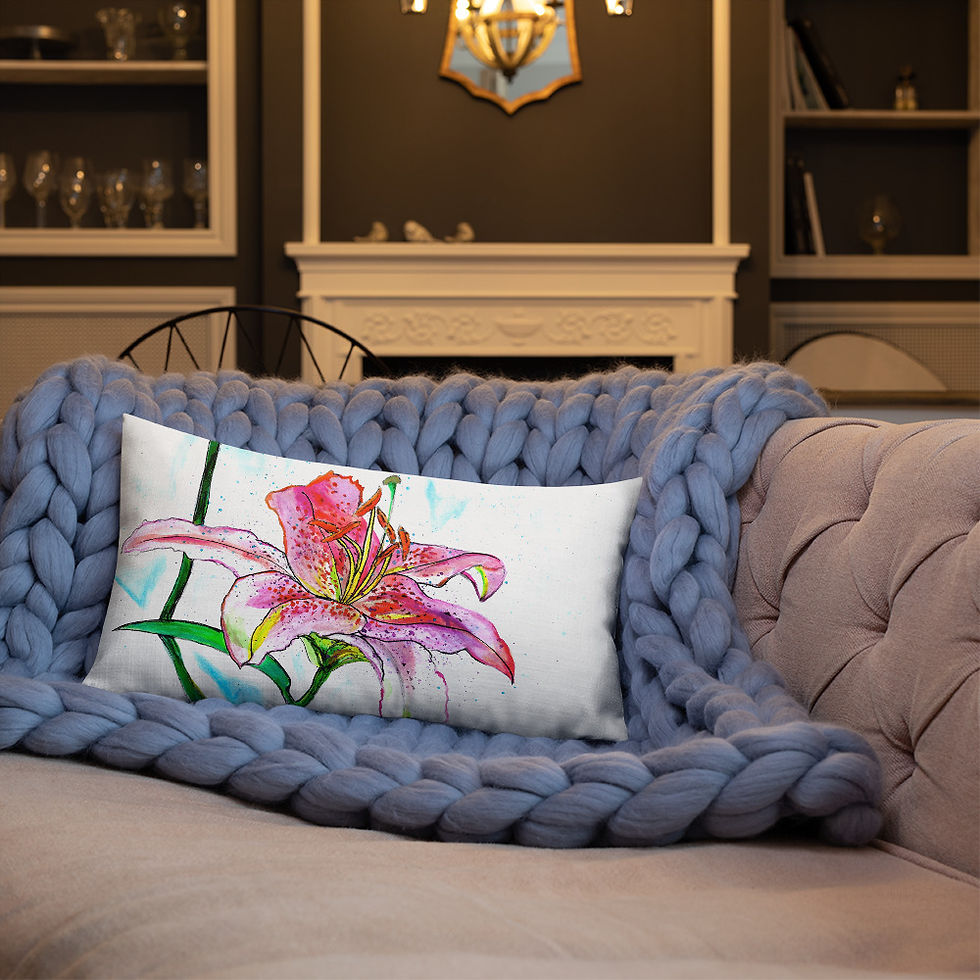 Thumbnail: Pink Lily Water-colour Painting by B'lu | Premium Pillow