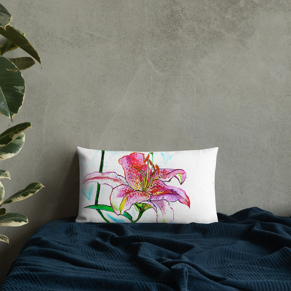 Thumbnail: Pink Lily Water-colour Painting by B'lu | Premium Pillow
