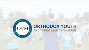 Orthodox Youth and Young Adult Ministries logo over faded outdoor group with children in blue shirts and a priest holding an icon.