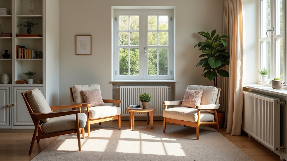 Eye-level view of a cozy living room with handmade cushions and bespoke chairs