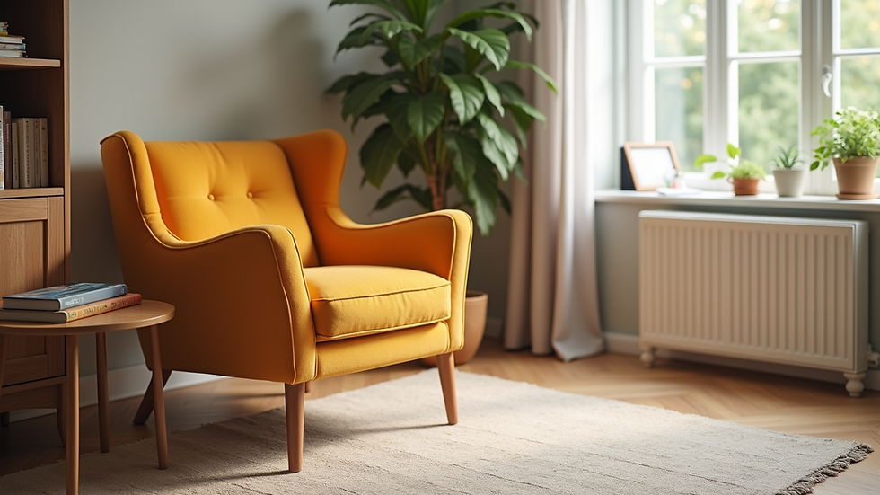 Close-up view of a stylish chair with vibrant upholstery in a bright room