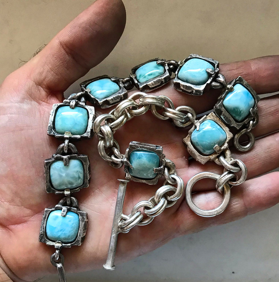 Thumbnail: men's & women's designer handcrafted sterling silver chain larimar bracelet - biker rocker chain link jewelry