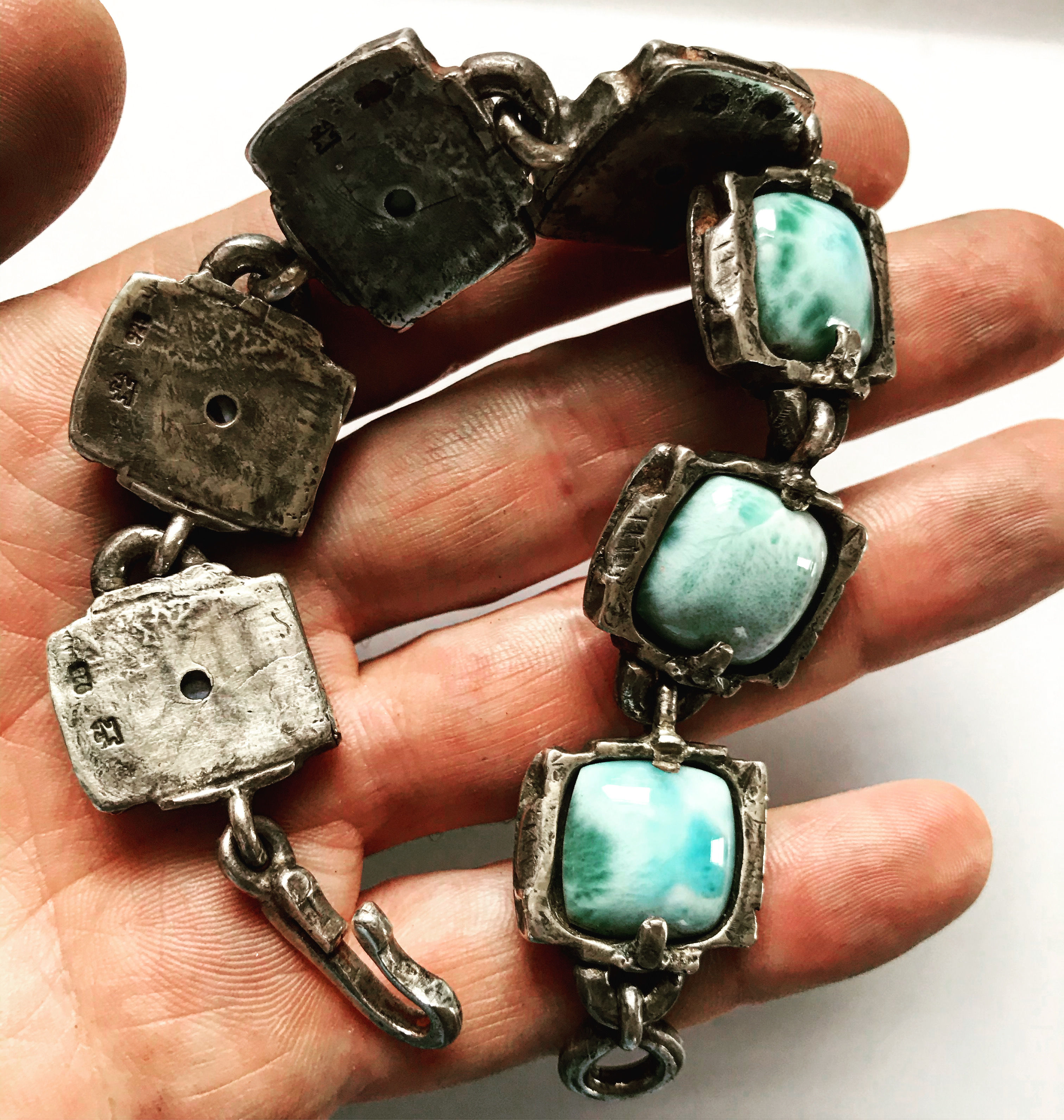 men's and women's sterling silver designer chain bracelet. Larimar stone jewelry for bikers rocker &rebels | LUGDUN ARTISANS