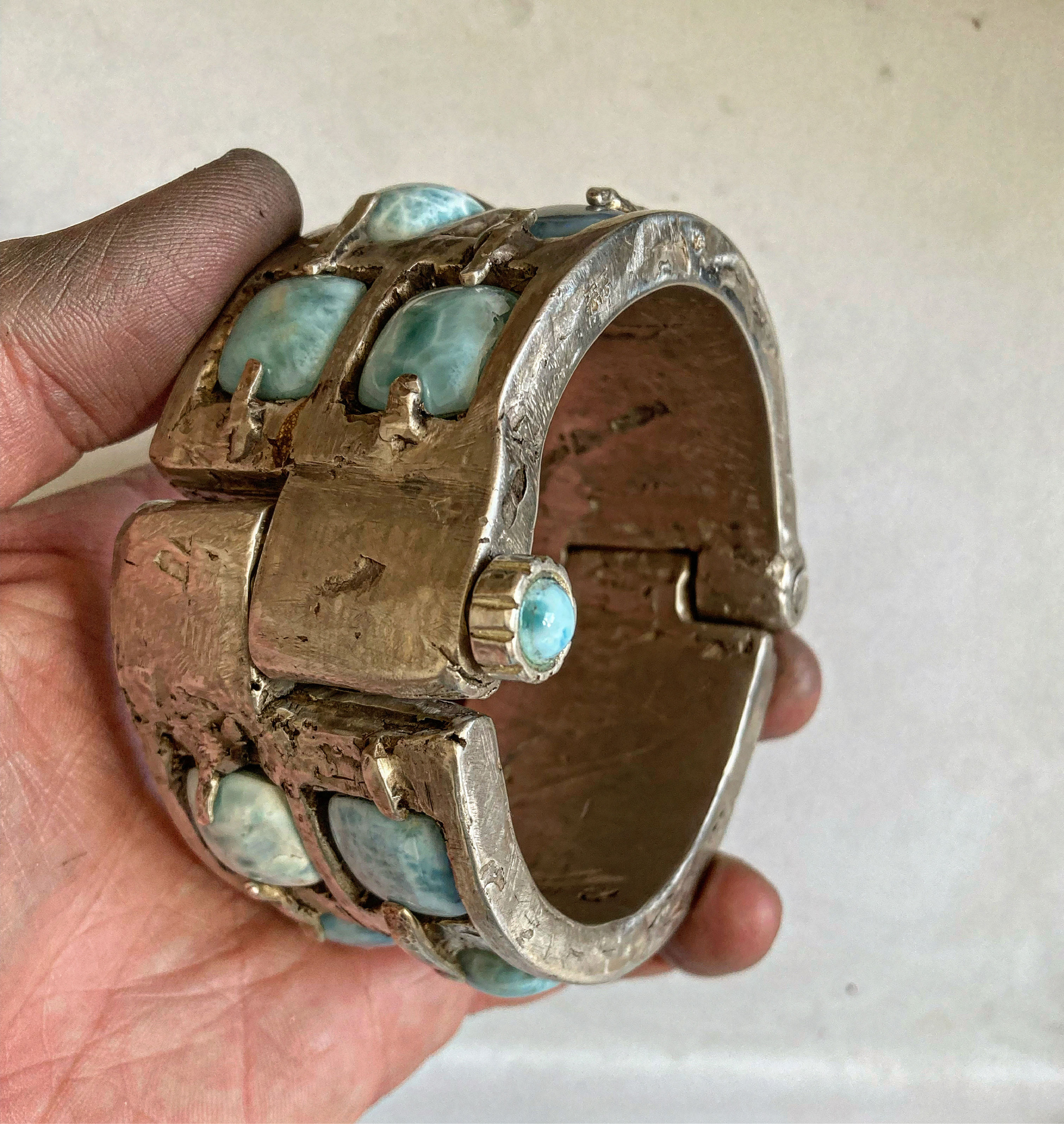 Wide Shackle Larimar Bracelet | Sterling Silver