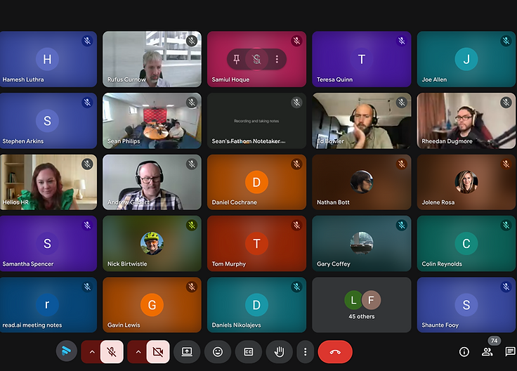 Group video call with many participants, featuring various names and initials.