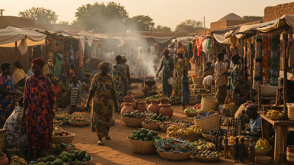 Eye-level view of a traditional African village with vibrant market stalls